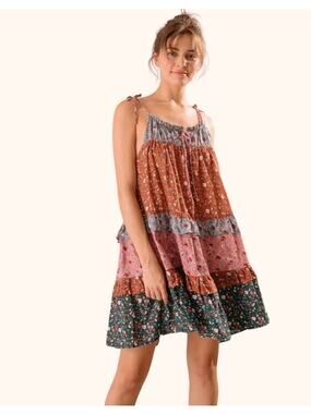 Storia Boho Tiered Ruffled Mini Babydoll Cotton Peasant Sundress Floral Small